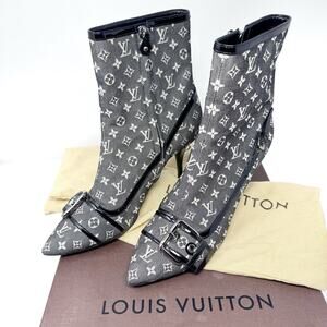 Louis Vuitton Gray Canvas Logo Ankle Boots with Buckles and Pointed Toes EU 39.5